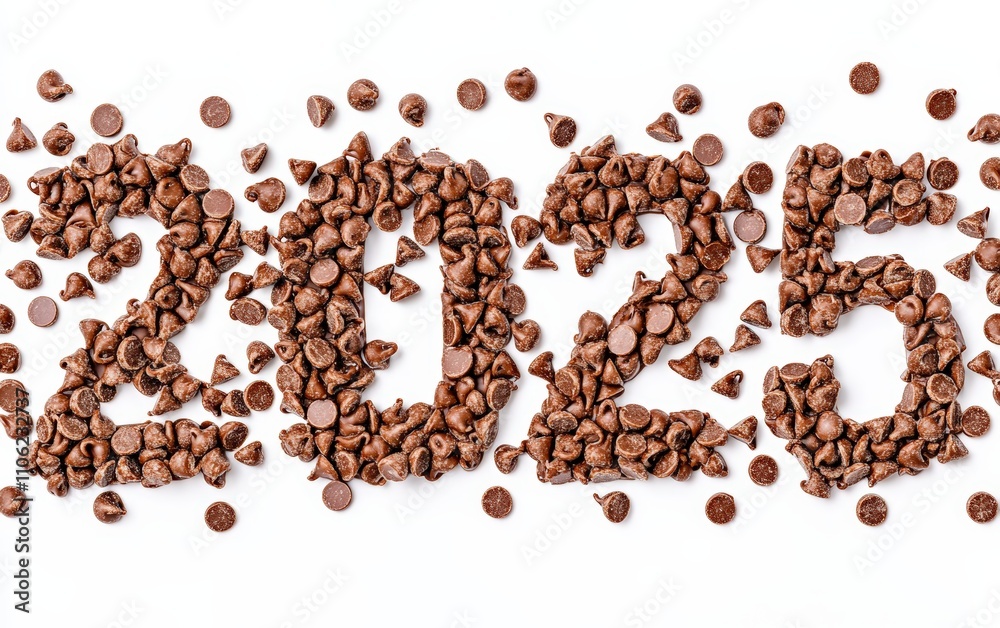 2025 Made of Chocolate Chips Numbers arranged with semi-sweet chocolate chips in a neat and enticing pattern. Simple and rich, white background. 2025 Made of Chocolate Chips Numbers arranged with semi-sweet chocolate chips in a neat and enticing pattern. Simple and rich, white background.