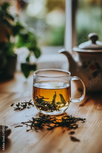 Warm herbal tea in a clear glass cup next to a teapot and a small cup in a co...