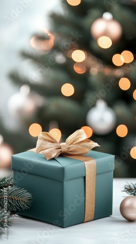 Holiday gift wrapped with gold ribbon near decorated Christmas tree and soft ...