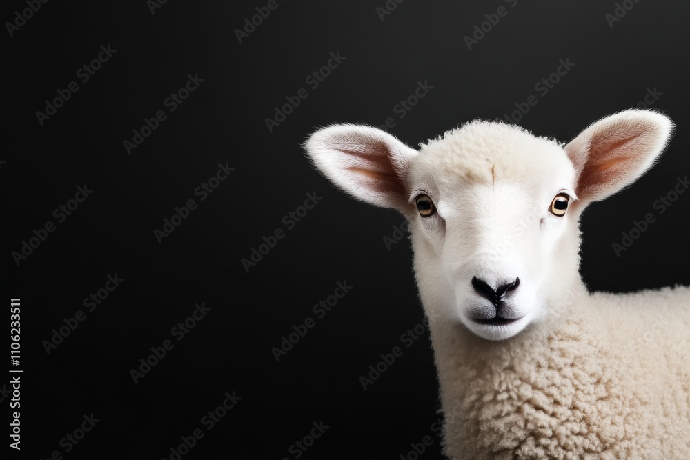 Cute lamb portrait showcasing white wool and curious expression in a studio setting Cute lamb portrait showcasing white wool and curious expression in a studio setting