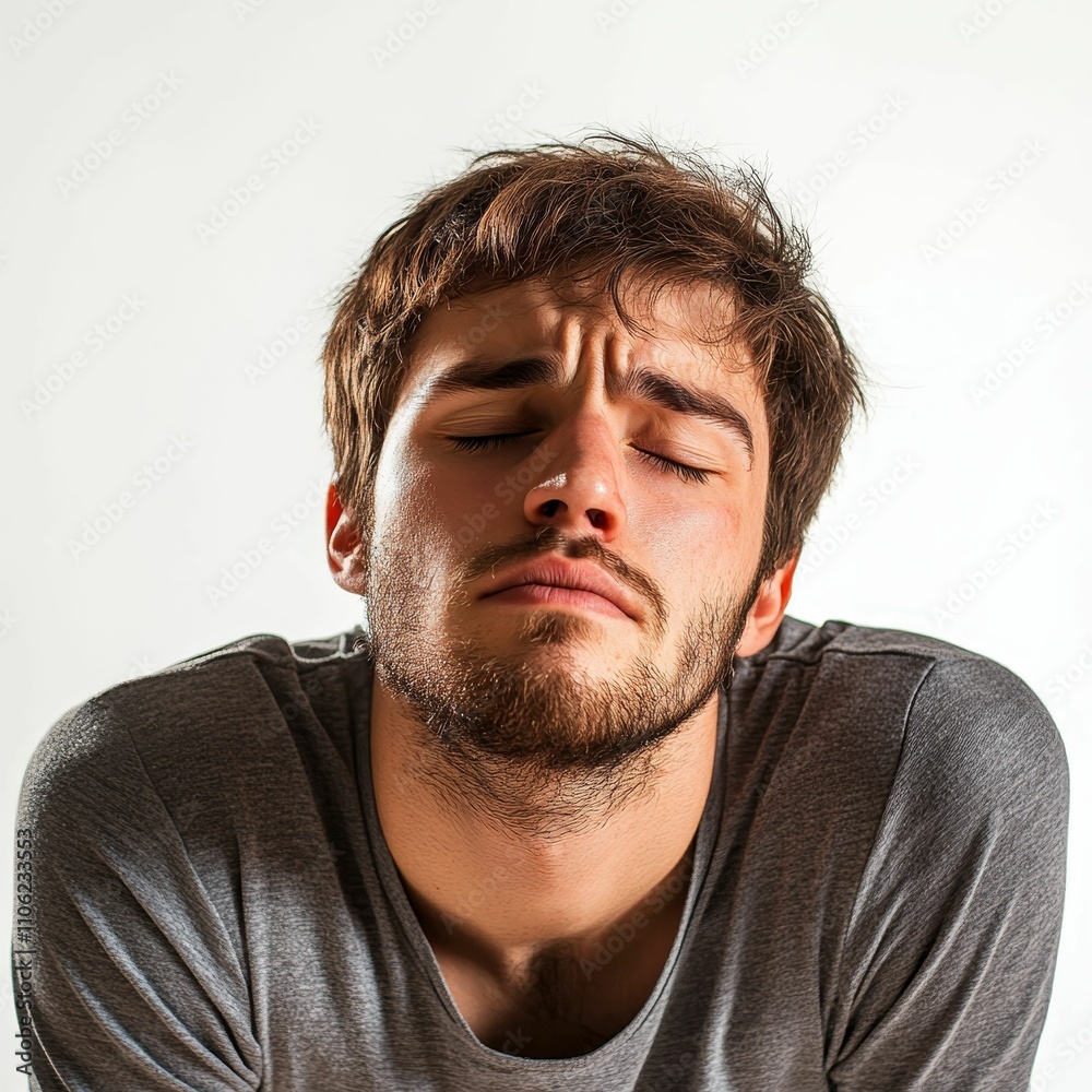 Obraz premium Young man, eyes closed, gray shirt, pensive expression.