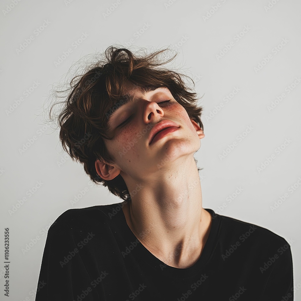 Youthful person, eyes closed, dark shirt, light background. Youthful person, eyes closed, dark shirt, light background.