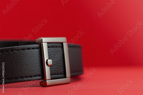 Close up of a black leather belt with a bronze buckle against a bright red ba...