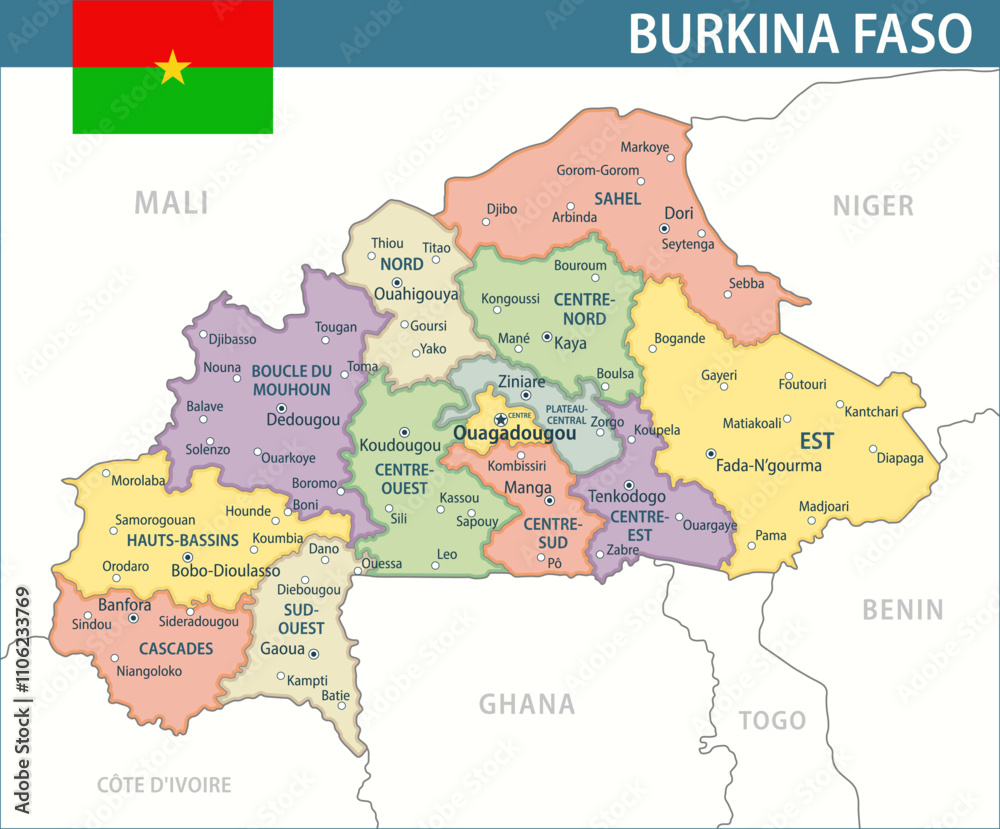 Obraz premium Burkina Faso Map Vector New 2024 Colorful - Customizable layered political map of Burkina Faso with administrative divisions for website, education, reports, news, politics, print, poster