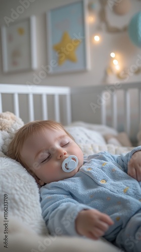 Baby peacefully sleeping in a crib surrounded by soft toys and cozy blankets