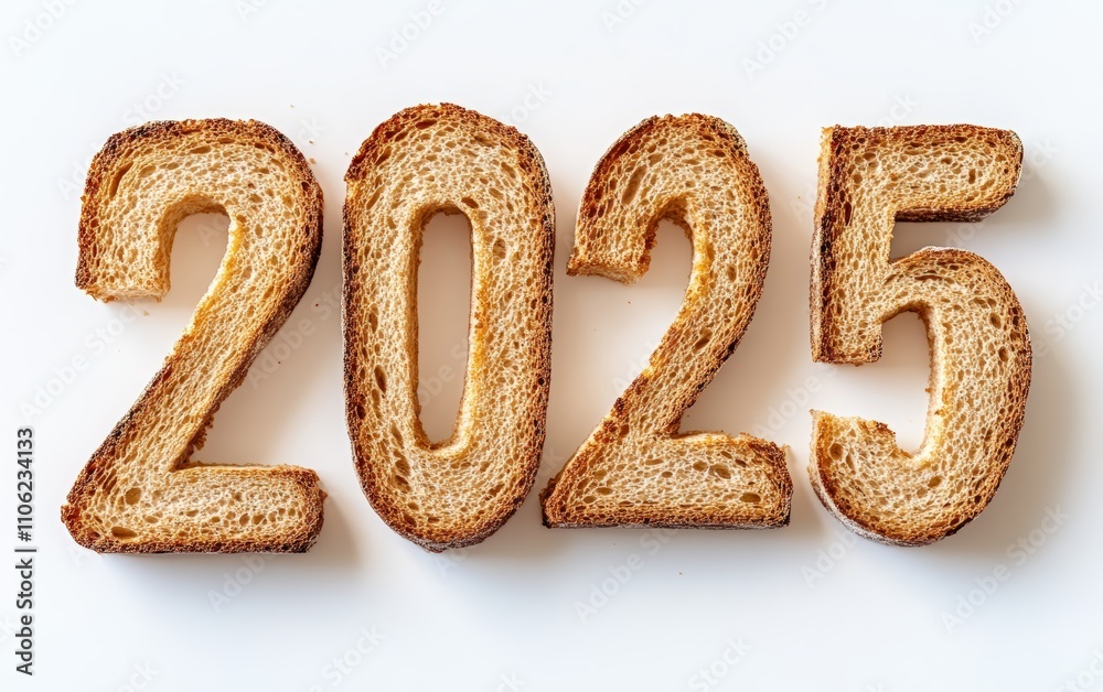 2025 Made of Bread Slices“ Numbers shaped using perfectly toasted bread slices, cut into numerical shapes. Rustic and comforting, white background. 2025 Made of Bread Slices“ Numbers shaped using perfectly toasted bread slices, cut into numerical shapes. Rustic and comforting, white background.