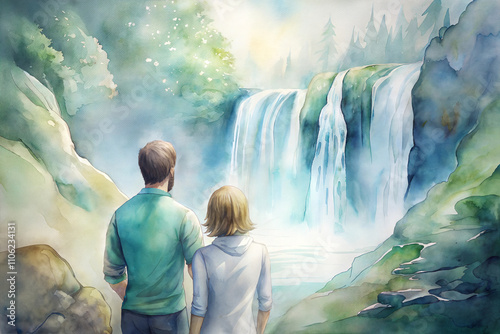 Couple waterfall view in watercolor, serene artistic expression