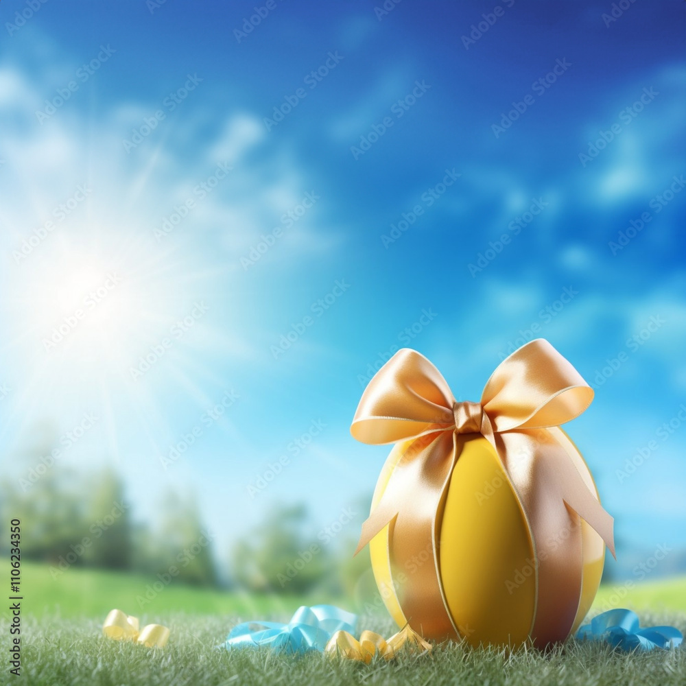 Festive Easter egg wrapped with a golden ribbon, placed on fresh green grass under a sunny sky. A colorful and cheerful scene celebrating spring and Easter traditions