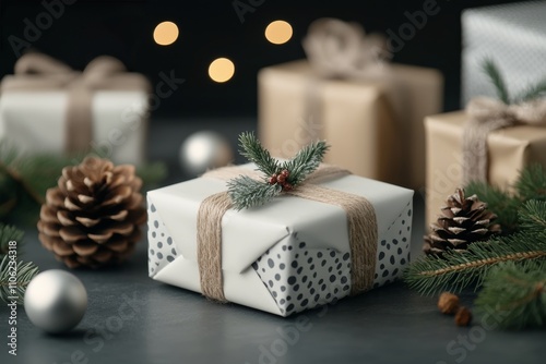Holiday gifts arranged with pine branches and ornaments on a dark background