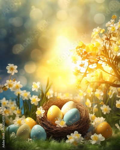Happy Easter. Nest filled with vibrant, hand-painted Easter eggs surrounded by delicate spring flowers, bathed in warm sunlight. A picturesque celebration of Easter and the beauty of spring