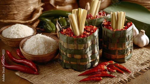 Traditional culinary ingredients arranged on a woven mat in a rustic kitchen ...