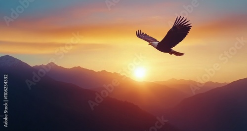 Majestic eagle soaring over mountains at sunset with vibrant colors in the sky