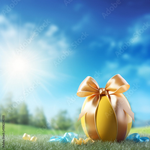 Obraz na płótnie Festive Easter egg wrapped with a golden ribbon, placed on fresh green grass under a sunny sky. A colorful and cheerful scene celebrating spring and Easter traditions w salonie