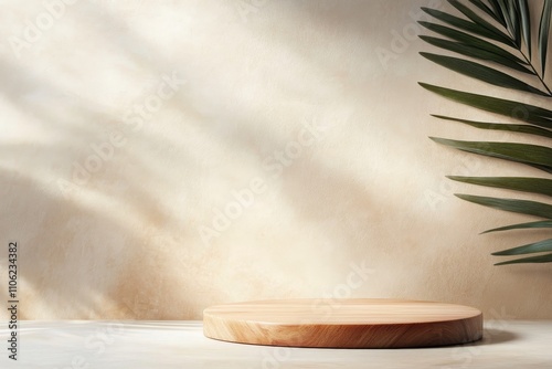 Natural wooden platform with palm leaf against soft wall backdrop in cozy set...