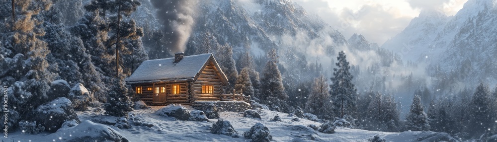 Fototapeta premium Cozy Log Cabin in Snowy Mountains with Smoke Rising from Chimney, Winter Wonderland, Cabin, Mountains