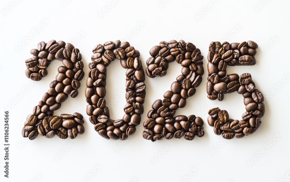 2025 Made of Coffee Beans Numbers designed with dark roasted coffee beans, arranged neatly for a rich and aromatic look. White background. 2025 Made of Coffee Beans Numbers designed with dark roasted coffee beans, arranged neatly for a rich and aromatic look. White background.