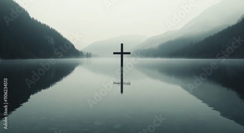Cross stands in tranquil lake surrounded by mist and mountains at dawn