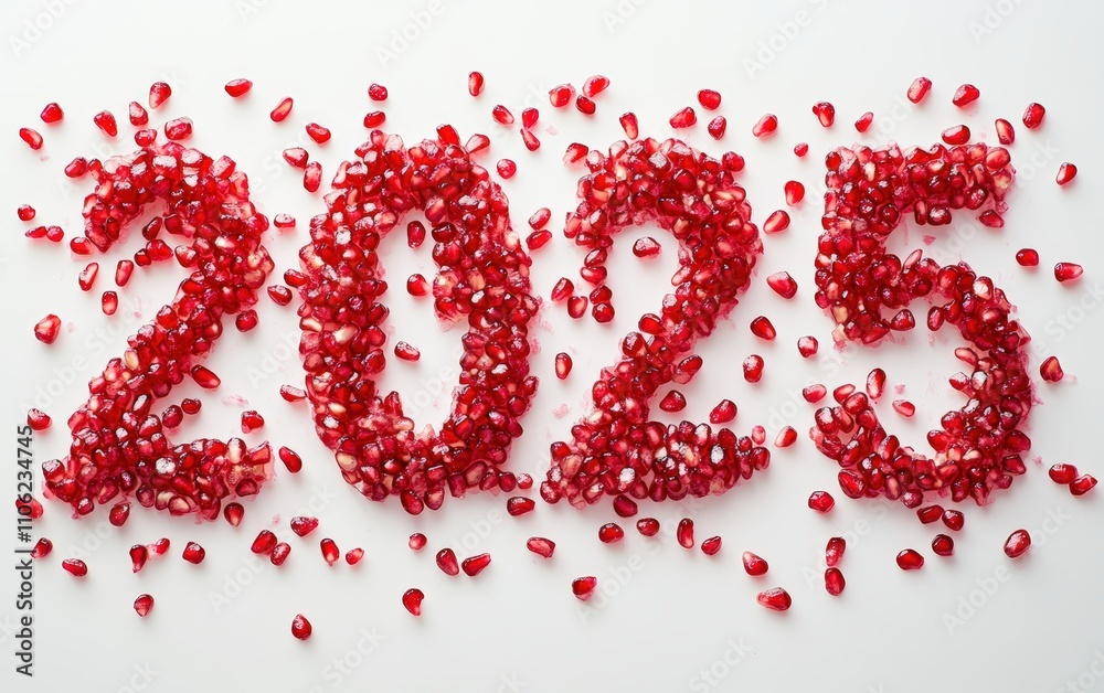 2025 Made of Pomegranate Seeds Numbers crafted with glistening pomegranate seeds, arranged delicately. Vibrant and festive, white background. 2025 Made of Pomegranate Seeds Numbers crafted with glistening pomegranate seeds, arranged delicately. Vibrant and festive, white background.