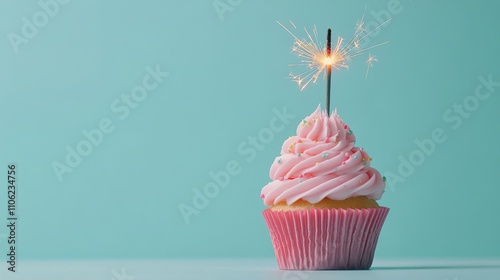 Sparkling cupcake with pink frosting on a blue background for celebration pur...