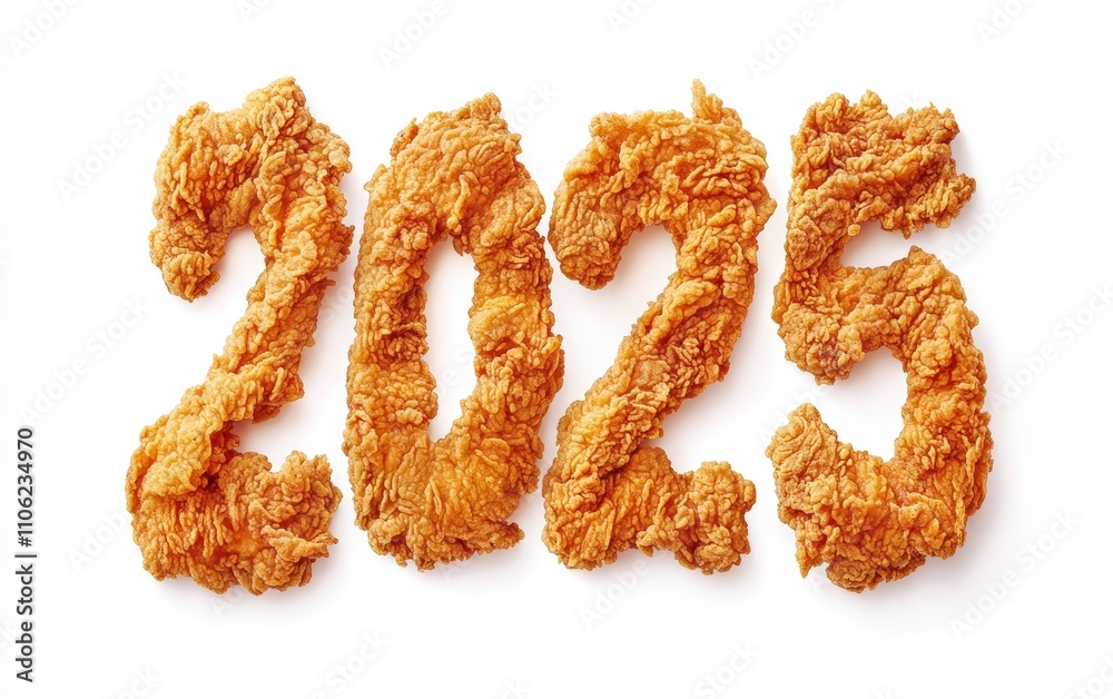 2025 Made of Fried Chicken Numbers formed with crispy fried chicken pieces, golden and delicious. Savory and tempting, white background. 2025 Made of Fried Chicken Numbers formed with crispy fried chicken pieces, golden and delicious. Savory and tempting, white background.