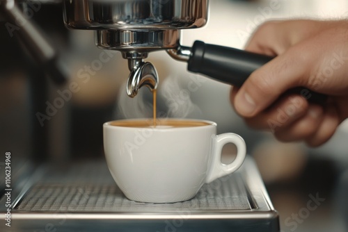 Brewing fresh coffee in a modern caf with steaming aroma rising from the cup