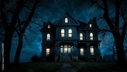 Haunted Victorian house with eerie blue-lit windows. photo