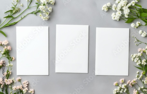 Elegant floral arrangement with blank cards on a light background for design ...