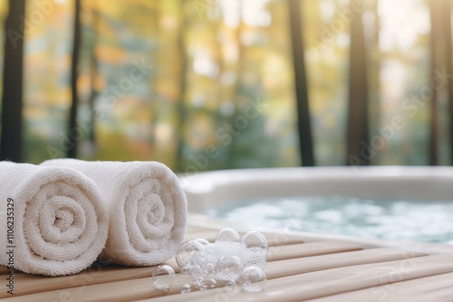 Relaxing atmosphere with towels and bubbles in a serene spa setting surrounde...