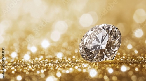 Sparkling diamond engagement ring on black surface with shiny background