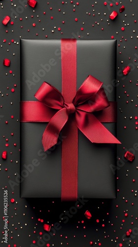 Wrapped gift present with red ribbon on dark background for special occasions...