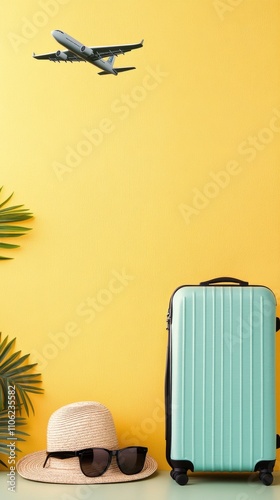 Luggage and travel accessories placed against vibrant yellow wall ready for s...