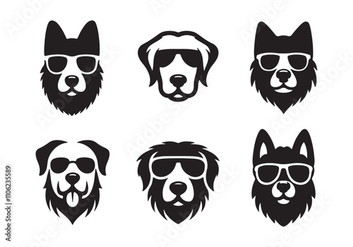 Dog wearing sunglass black soild silhouette icon set, animal doggy head collection, animal character illustration, editable vector clip art silhouettes bundle