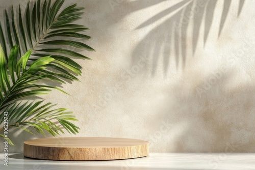 Natural wooden platform with palm leaf against soft wall backdrop in cozy set...