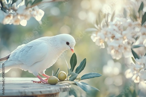 White dove perched on an olive branch during golden hour in a serene setting
