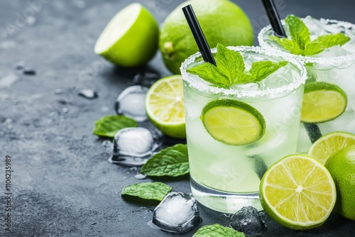 Refreshing cocktails served in glasses with mint and lime on a stylish counter