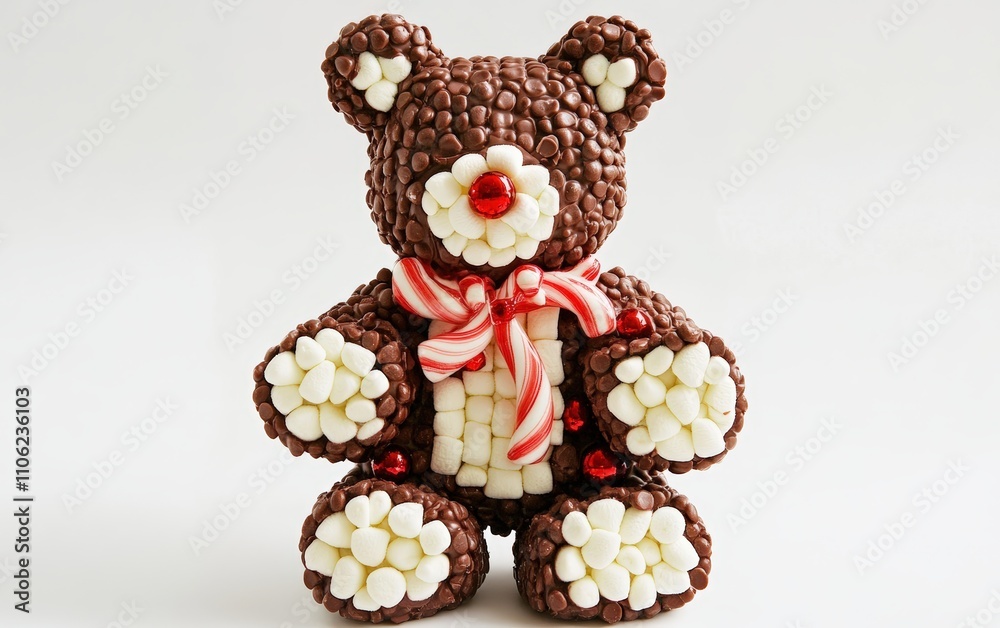 Bear Made of Chocolate and Marshmallows A bear made with chocolate bars, marshmallow paws, and a candy cane scarf. Sweet and festive, white background. Bear Made of Chocolate and Marshmallows A bear made with chocolate bars, marshmallow paws, and a candy cane scarf. Sweet and festive, white background.