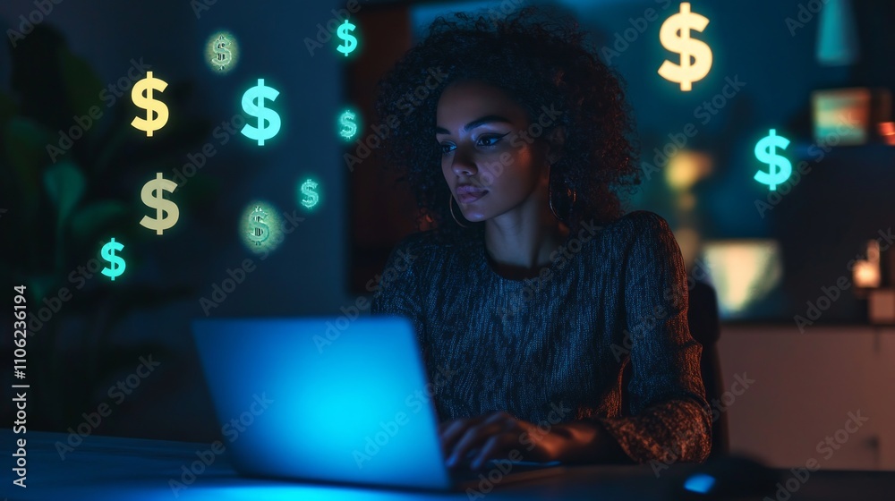 A young businesswoman works diligently on her laptop in the office, surrounded by floating dollar sign icons. A young businesswoman works diligently on her laptop in the office, surrounded by floating dollar sign icons.