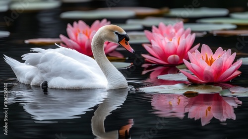 Fototapeta Naklejka Na Ścianę i Meble -  Elegant swan swimming amidst pink water lilies.