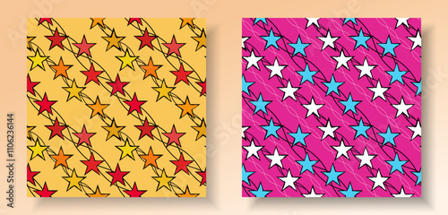 Geometric Stars  grunge scratches and attrition texture seamless pattern. Trendy color pink blue red yellow motley background, wallpaper, wrapping paper, textile, print, layout bright colors