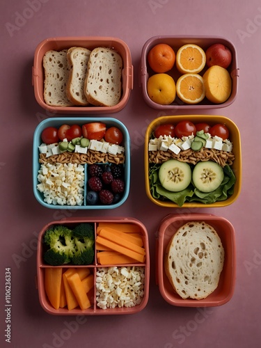 Healthy lunchboxes on colorful paper backdrop. photo