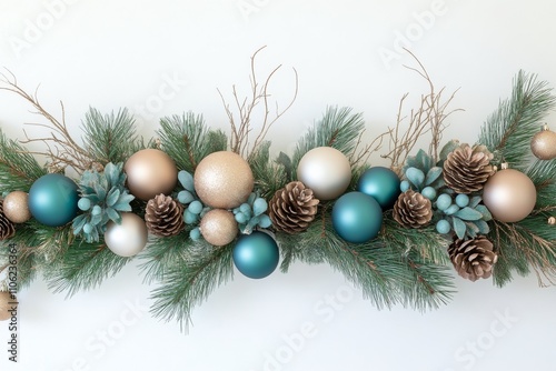 Decorative winter garland with blue, gold, and green ornaments on white backg...