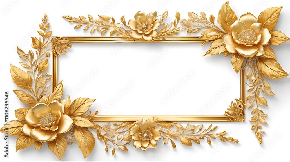 Golden border frame with flowers on a white background Golden border frame with flowers on a white background