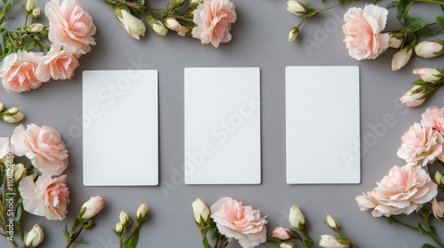 Blank cards surrounded by vibrant flowers on a gray surface for creative proj...