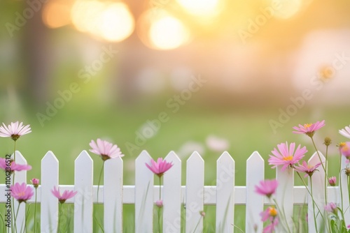Flowers bloom beside a white picket fence in a sunny garden at dusk