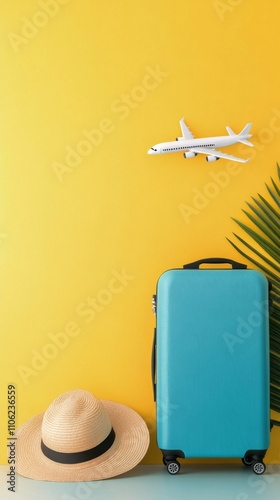 A turquoise suitcase stands beside a wide brimmed straw hat against a vibrant...