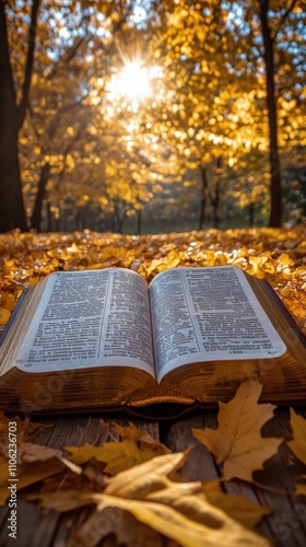 Open book resting on golden autumn leaves in a serene forest setting during s...