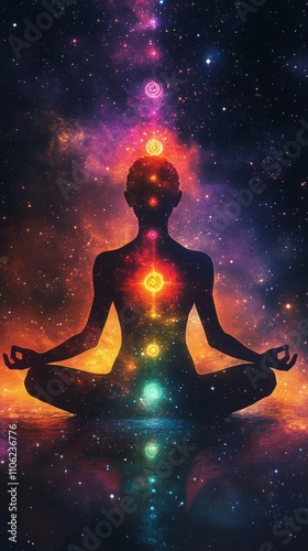 Meditation and energy alignment in a cosmic setting with colorful chakras ill...