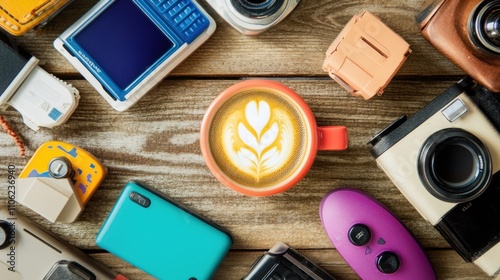 A Latte Art and Vintage Gadgets on Wooden Surface photo