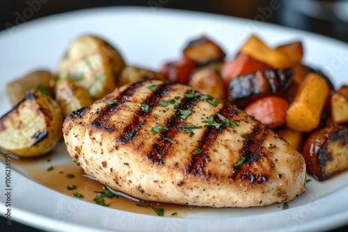 Grilled chicken breast served with colorful roasted vegetables on a white plate