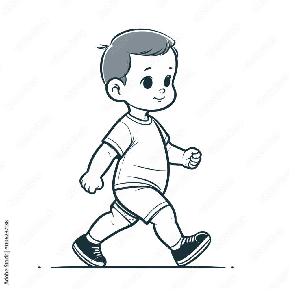 Monochrome boy walking in casual wear - isolated vector illustration Monochrome boy walking in casual wear - isolated vector illustration